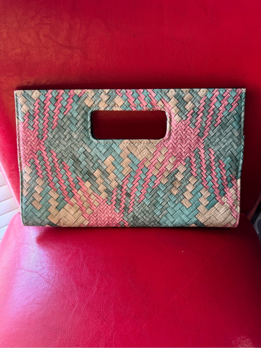 Handwoven Pink, Teal & Natural Cutout-Handle Clutch